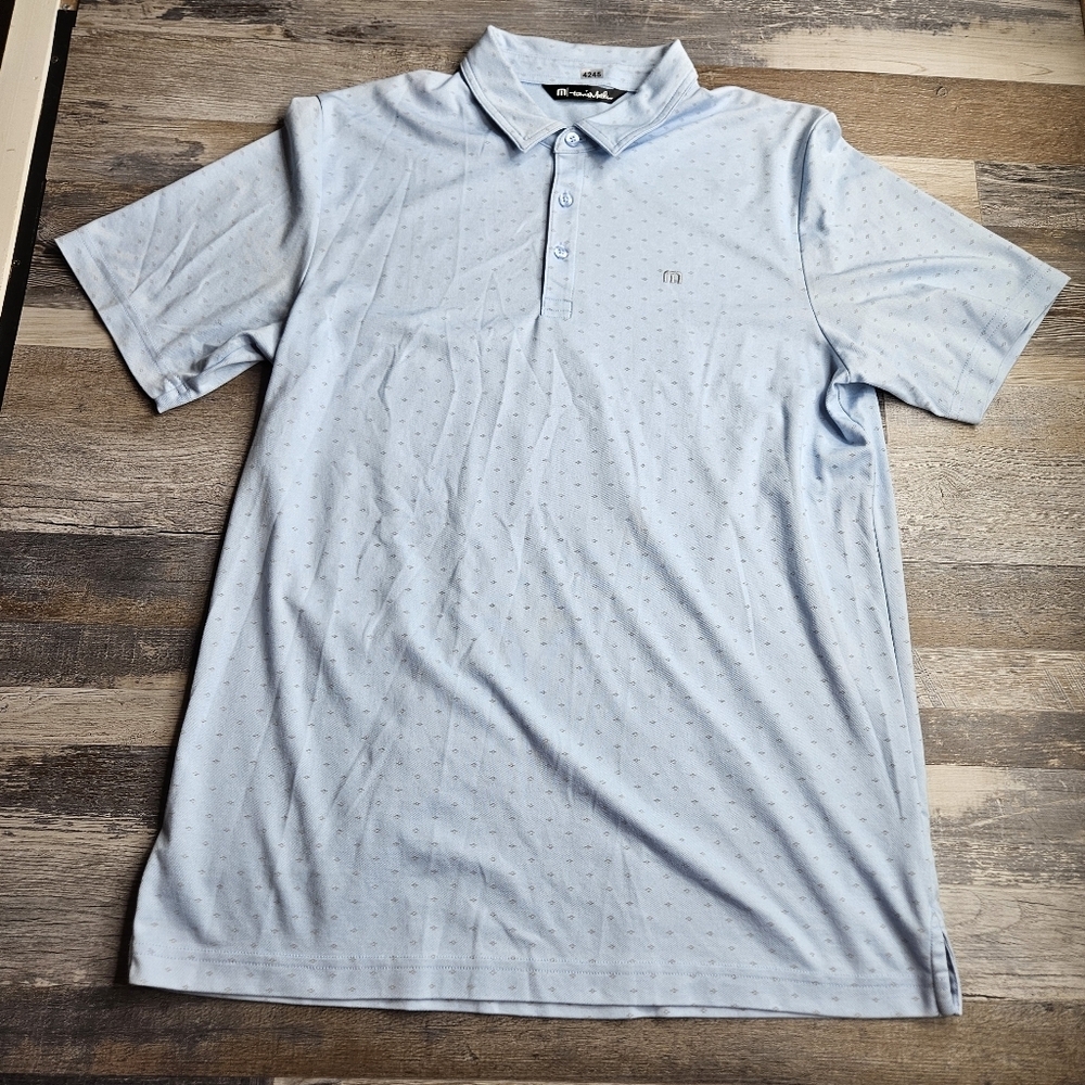 Travis Marhew Men's Large Polo Golf Shirt Light Blue With Micro Pattern